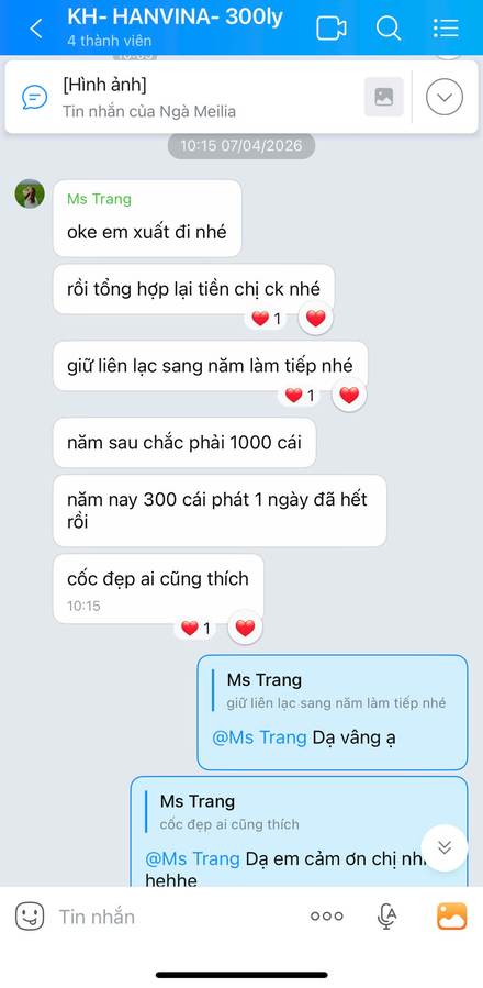 Tin nhắn Zalo: Hanvina phát 300 ly hết trong 1 ngày, hẹn năm sau đặt 1000 cái
