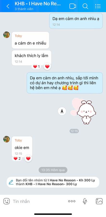 Tin nhắn Zalo: khách No Reason cảm ơn, khách thích ly lắm
