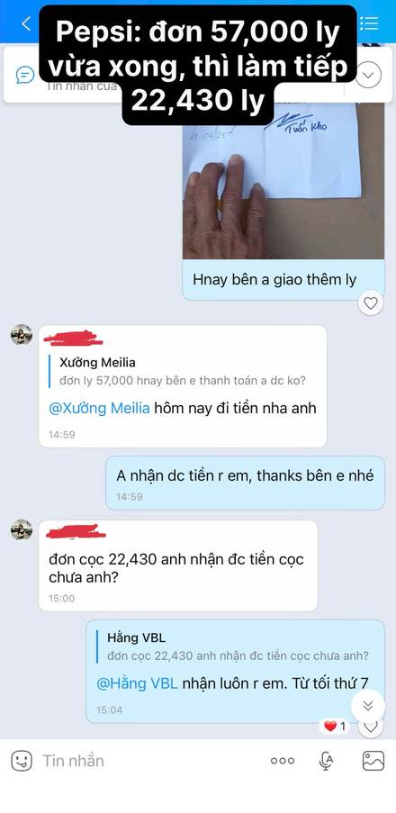 Tin nhắn Zalo: Pepsi hoàn thành đơn 57.000 ly và đặt tiếp 22.430 ly